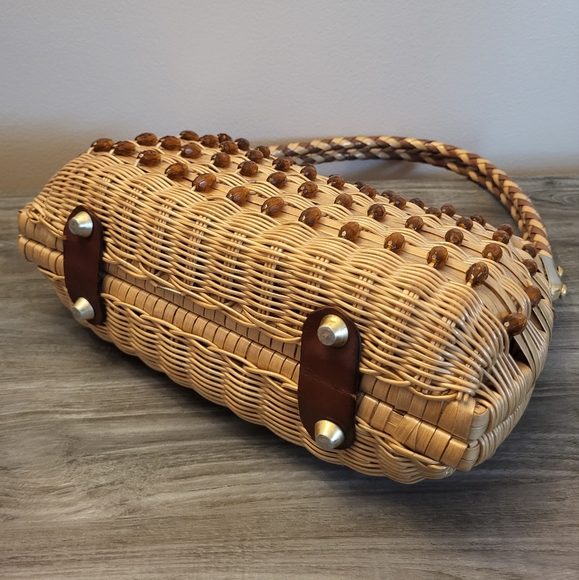 Vintage Beaded Woven Top Handle Bag Natural Wicker MCM - Picture 4 of 10